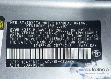 2007 Toyota Camry Le from USA, damaged, VIN 4T1BE46K17U704748